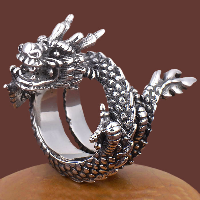 Adjustable Silver Dragon Pterosaur Ring – Gothic Vintage Punk – Fit Any Size – Black Accent